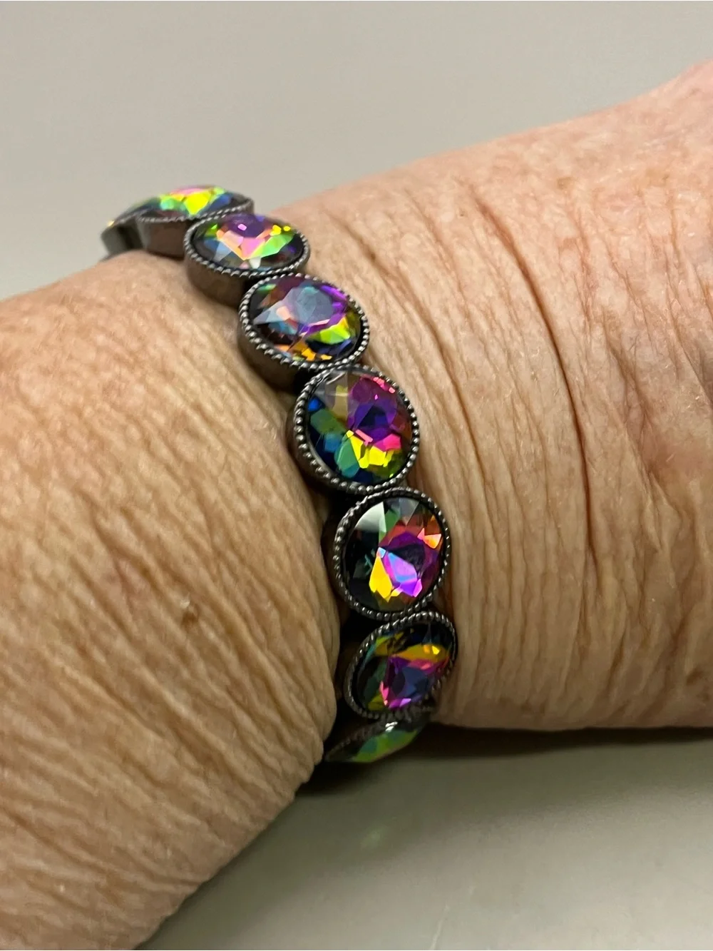 Rainbow Vitrail Crystal Stretch Bracelet Gunmetal Statement Tennis Stacking
